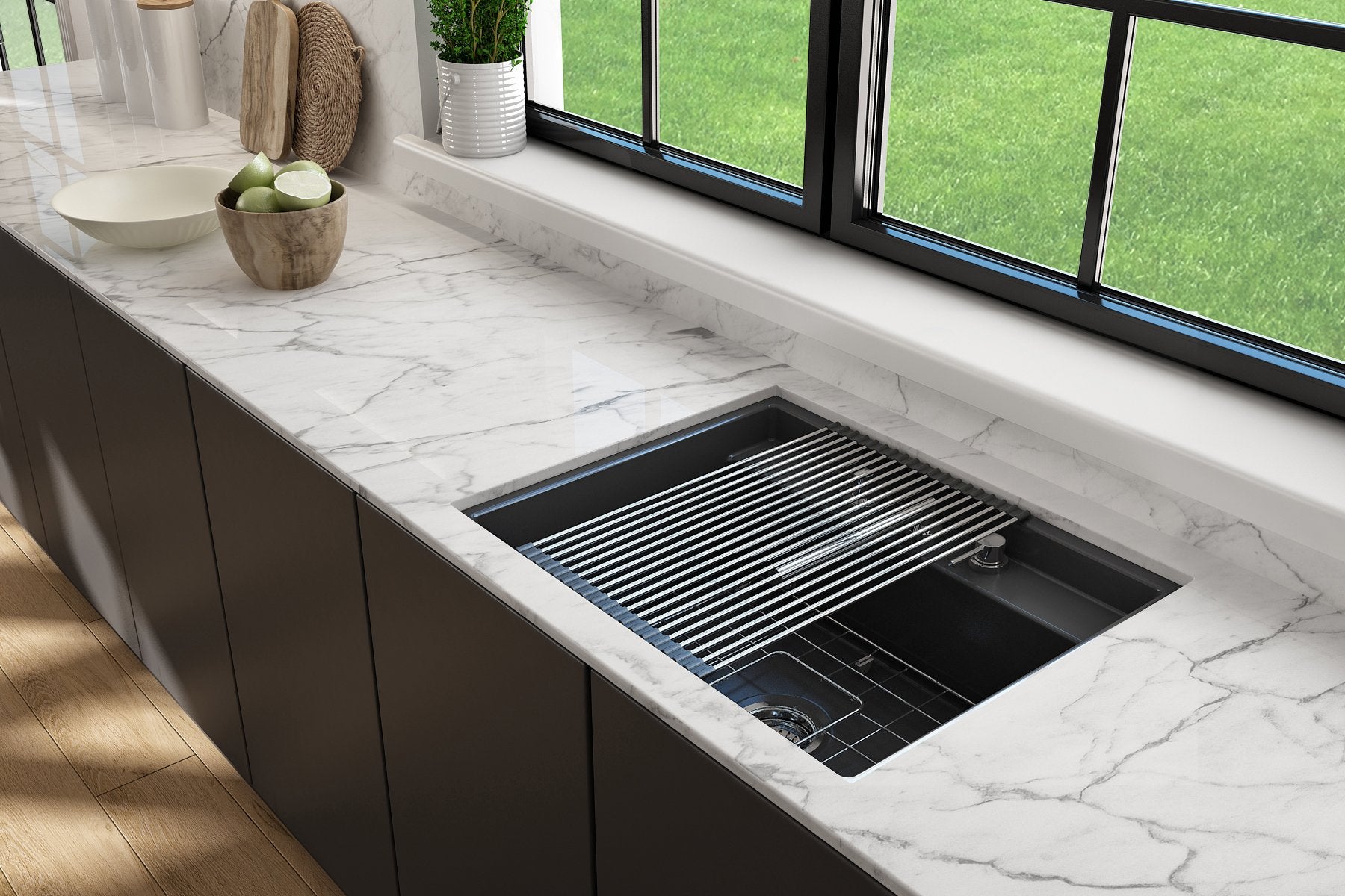 Baveno Hide-Away Workstation Fireclay 27 in. Single Bowl Kitchen Sink 3-hole with Accessories 1633