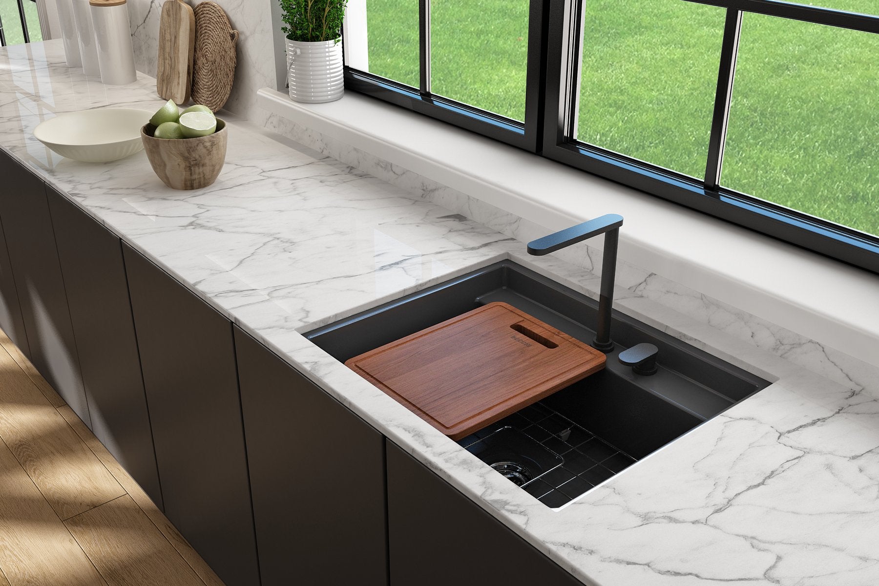 Baveno Hide-Away Workstation Fireclay 27 in. Single Bowl Kitchen Sink 3-hole with Accessories 1633