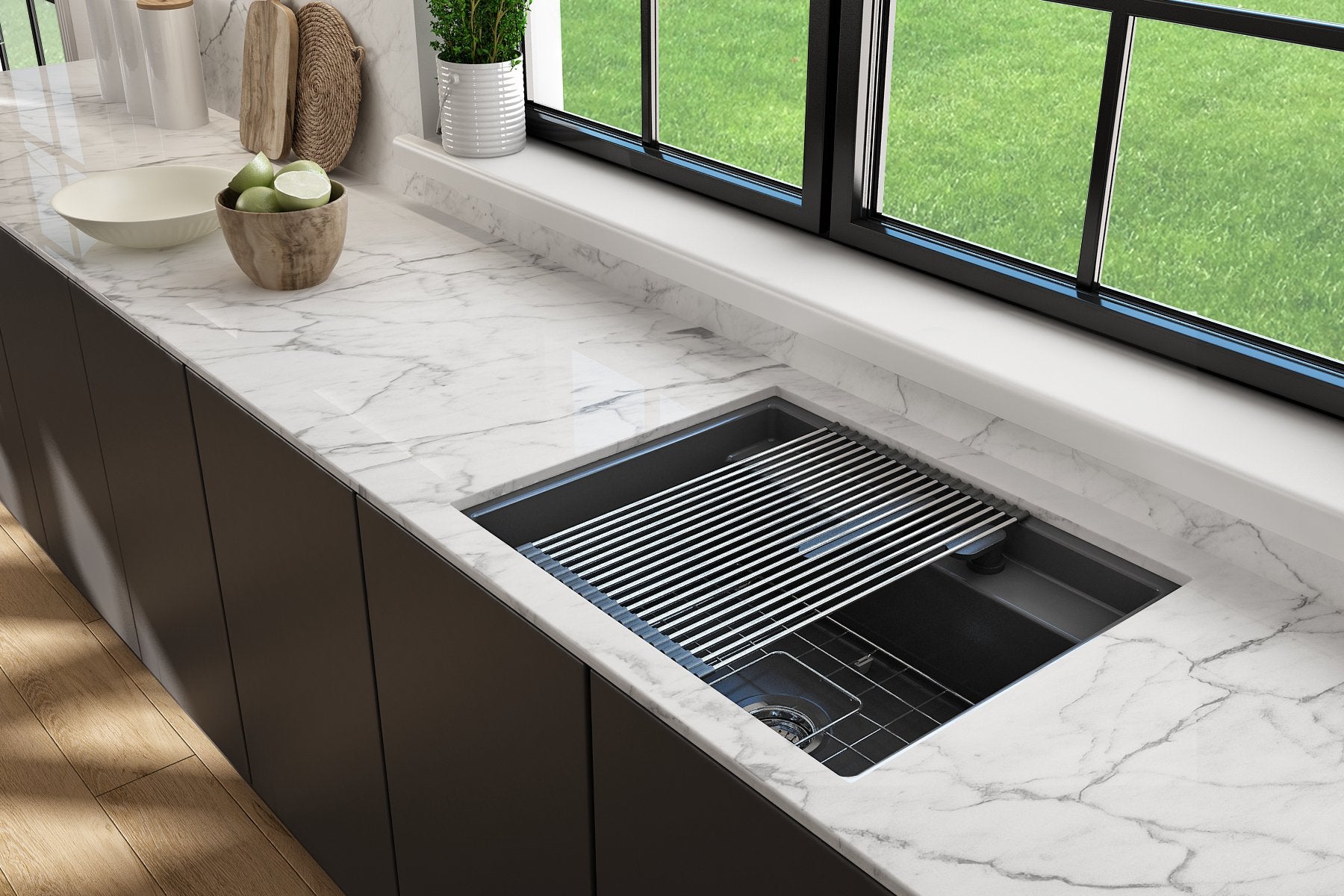 Baveno Hide-Away Workstation Fireclay 27 in. Single Bowl Kitchen Sink 3-hole with Accessories 1633