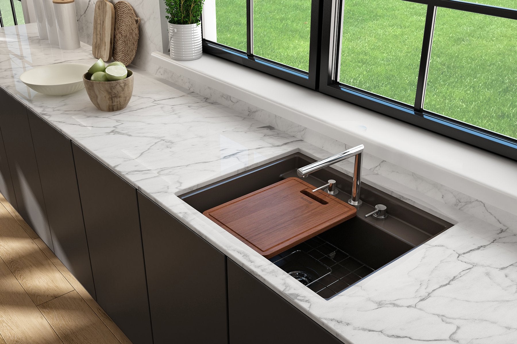 Baveno Hide-Away Workstation Fireclay 27 in. Single Bowl Kitchen Sink 3-hole with Accessories 1633