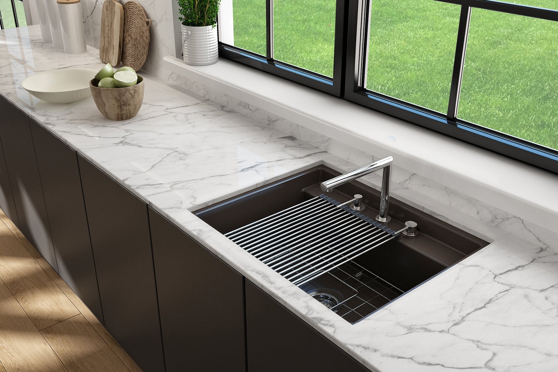 Baveno Hide-Away Workstation Fireclay 27 in. Single Bowl Kitchen Sink 3-hole with Accessories 1633