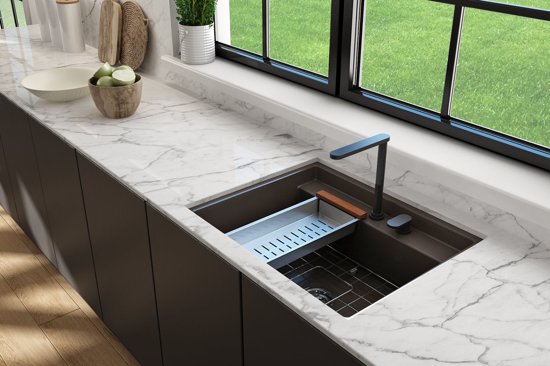 Baveno Hide-Away Workstation Fireclay 27 in. Single Bowl Kitchen Sink 3-hole with Accessories 1633