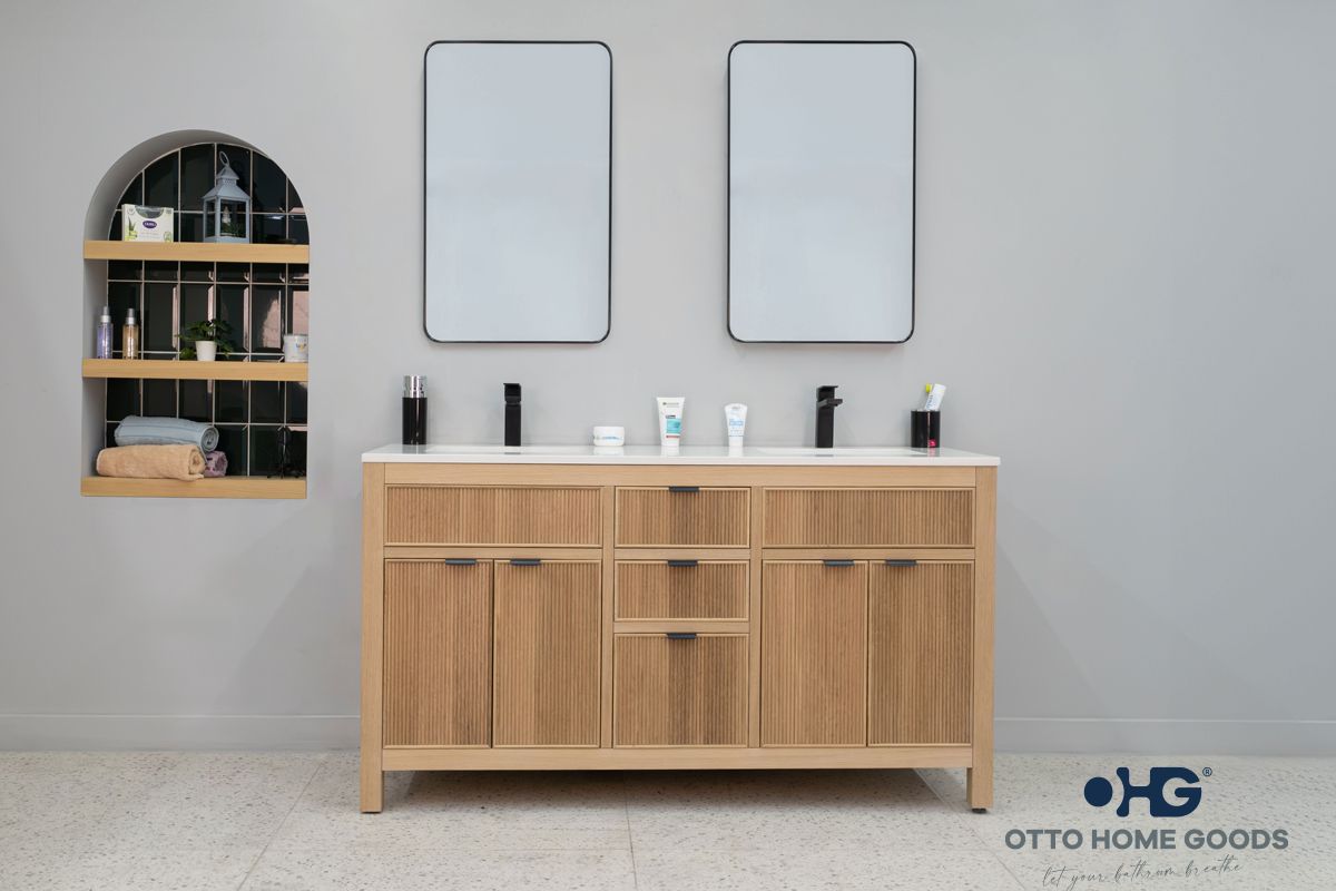 Catalina 60" Natural Oak Double Sink Bathroom Vanity with Quartz Top & Black Hardware
