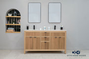 Catalina 60" Natural Oak Double Sink Bathroom Vanity with Quartz Top & Black Hardware