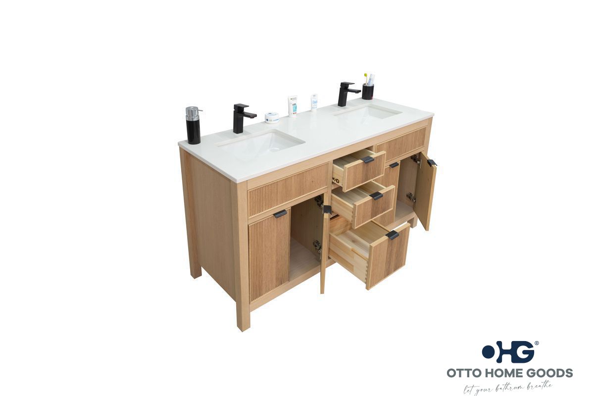 Catalina 60" Natural Oak Double Sink Bathroom Vanity with Quartz Top & Black Hardware