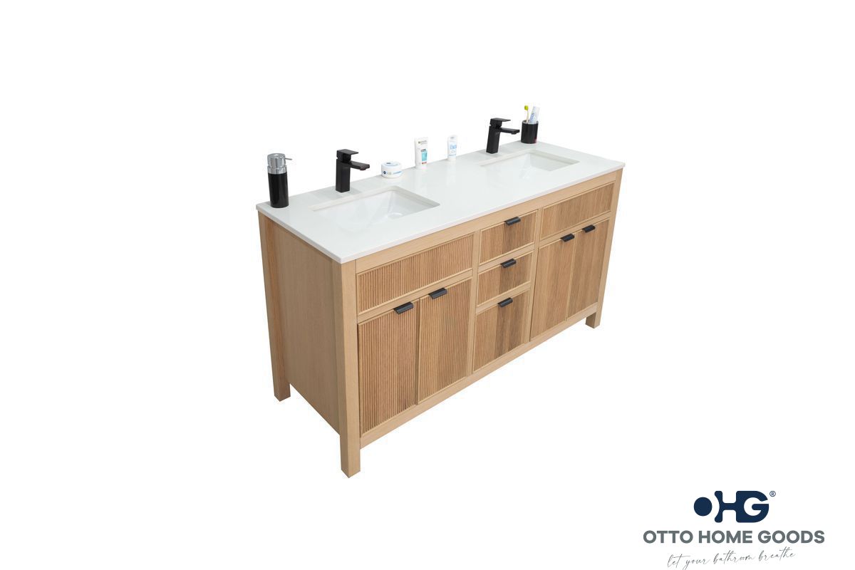 Catalina 60" Natural Oak Double Sink Bathroom Vanity with Quartz Top & Black Hardware