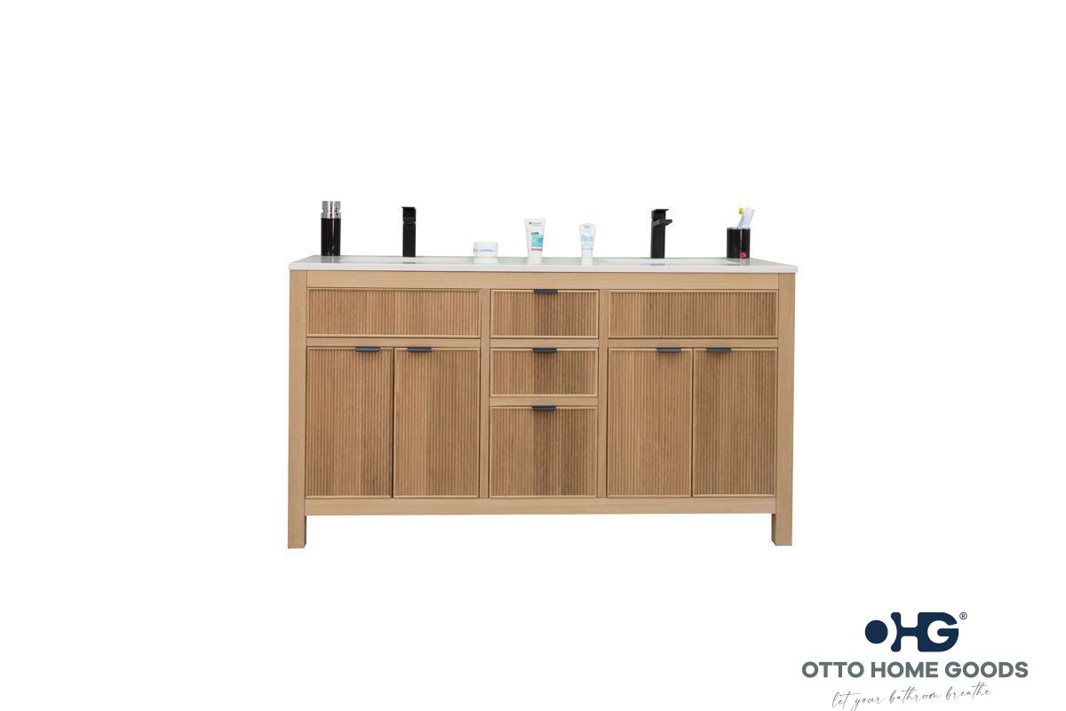 Catalina 60" Natural Oak Double Sink Bathroom Vanity with Quartz Top & Black Hardware