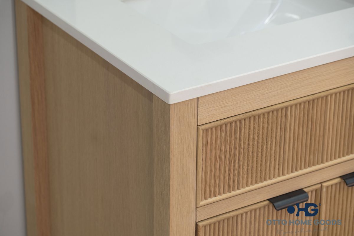Catalina 60" Natural Oak Double Sink Bathroom Vanity with Quartz Top & Black Hardware