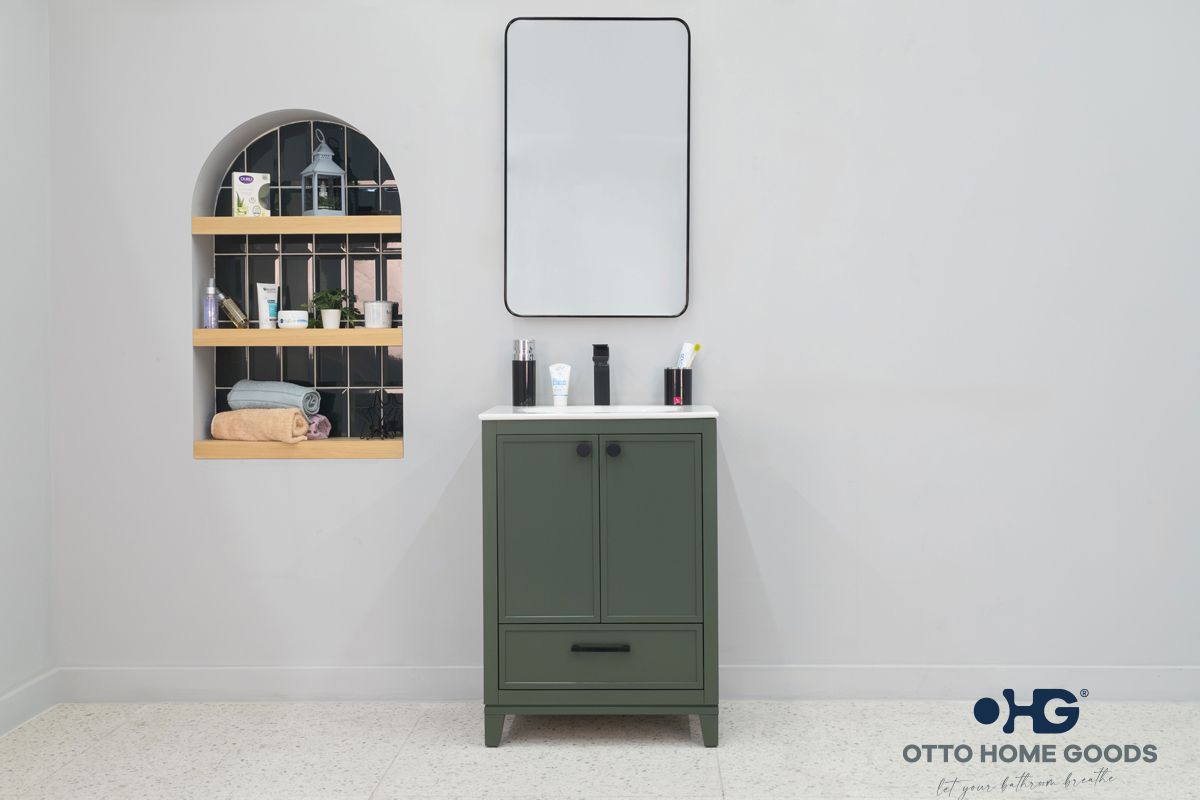 Frame 24" Pine Green Bathroom Vanity with Integrated Sink & Black Hardware
