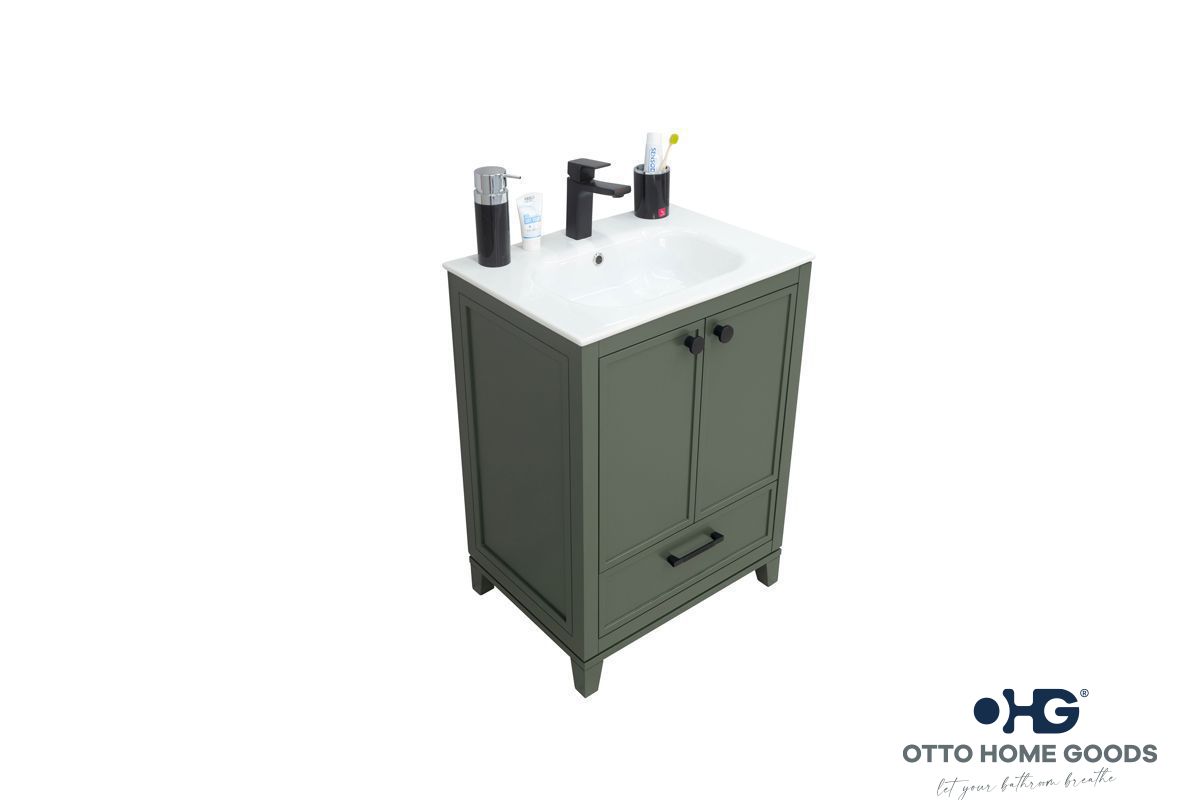 Frame 24" Pine Green Bathroom Vanity with Integrated Sink & Black Hardware