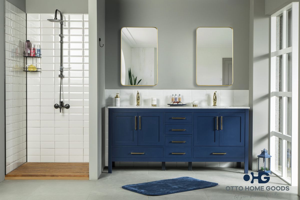 Ashley 72" Navy Blue Double Sink Bathroom Vanity with Quartz Top & Gold Hardware