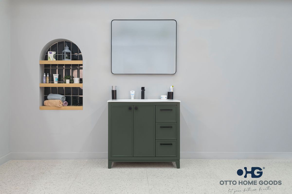 Frame 36" Pine Green Bathroom Vanity with Integrated Sink & Black Hardware