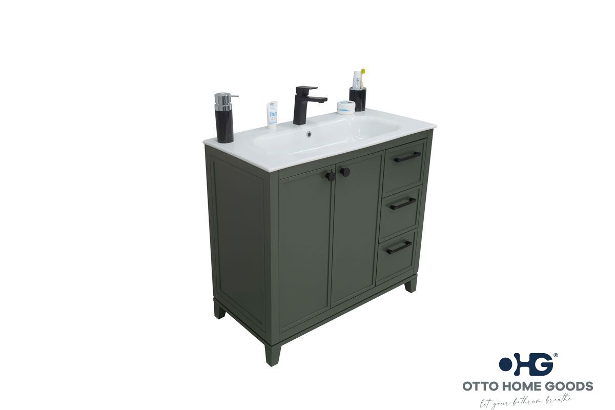 Frame 36" Pine Green Bathroom Vanity with Integrated Sink & Black Hardware