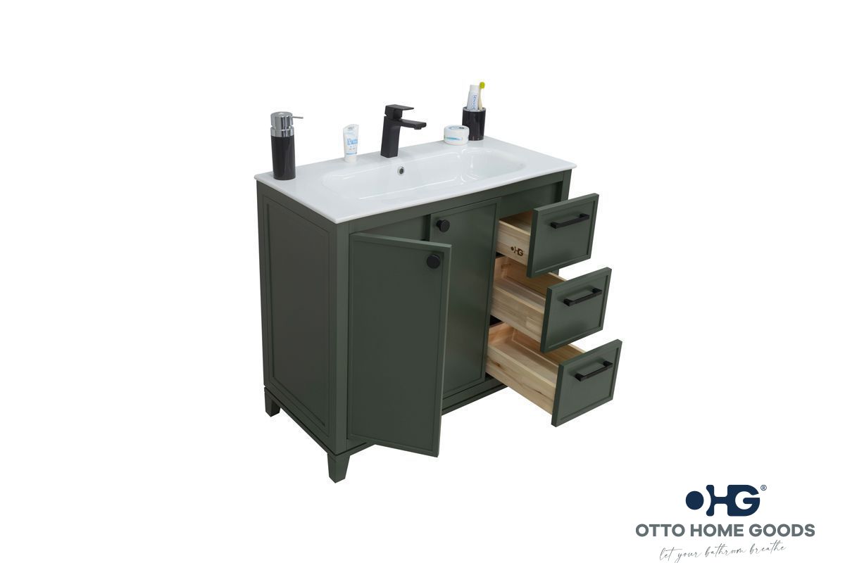 Frame 36" Pine Green Bathroom Vanity with Integrated Sink & Black Hardware