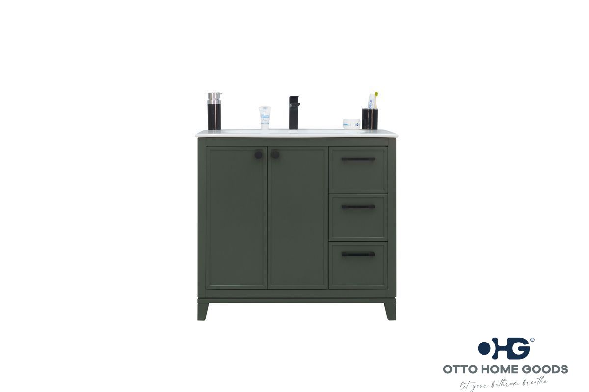 Frame 36" Pine Green Bathroom Vanity with Integrated Sink & Black Hardware