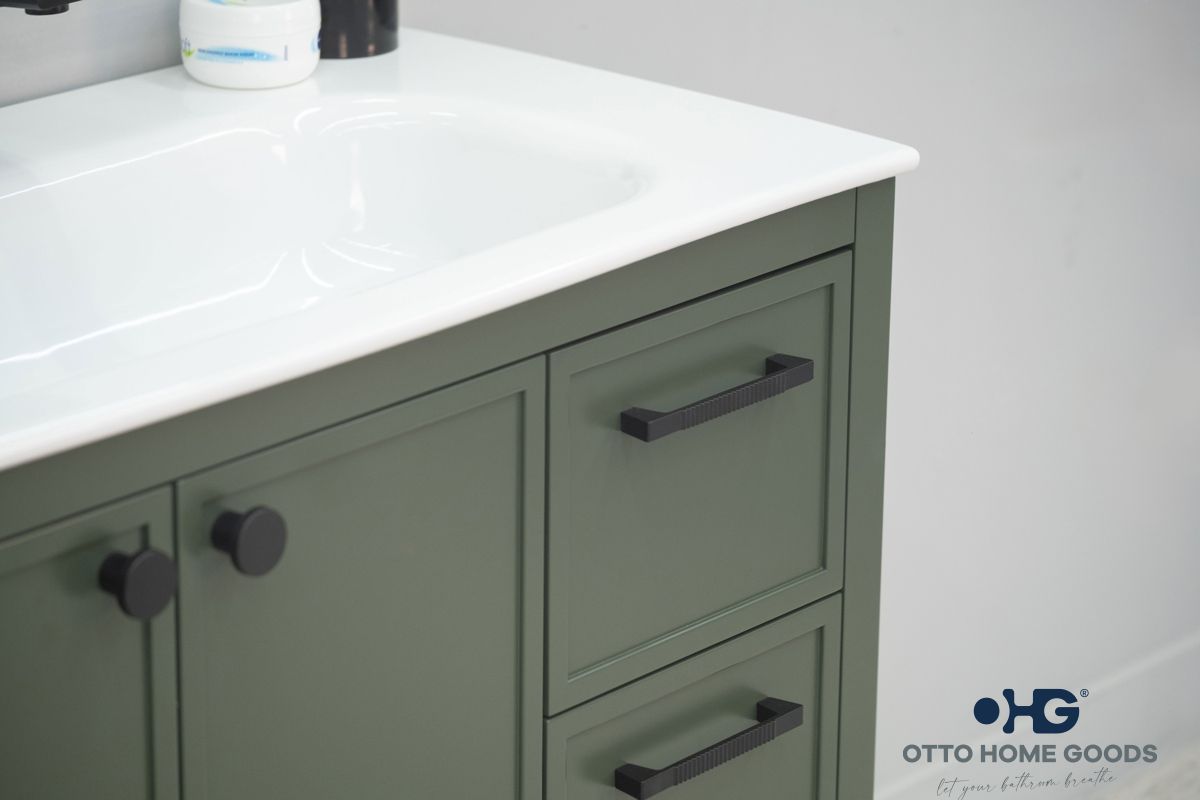 Frame 36" Pine Green Bathroom Vanity with Integrated Sink & Black Hardware