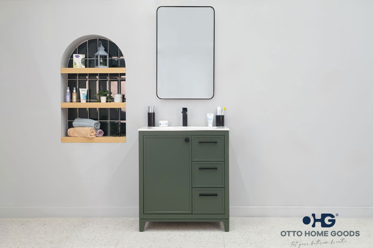 Frame 30" Pine Green Bathroom Vanity with Integrated Sink & Black Hardware