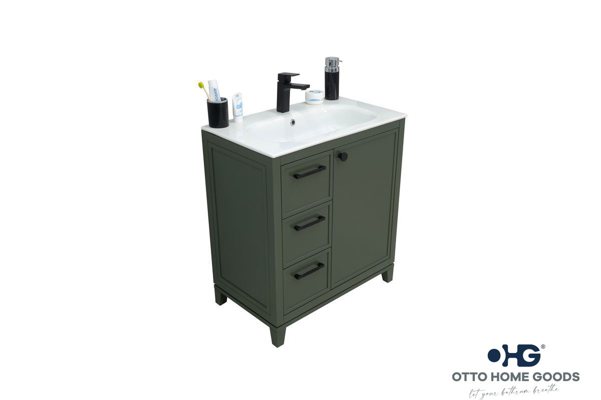 Frame 30" Pine Green Bathroom Vanity with Integrated Sink & Black Hardware