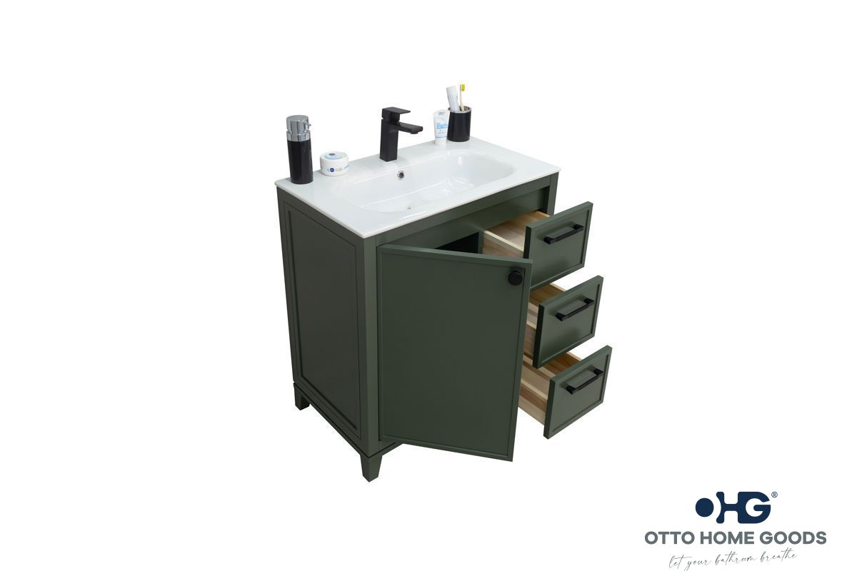 Frame 30" Pine Green Bathroom Vanity with Integrated Sink & Black Hardware