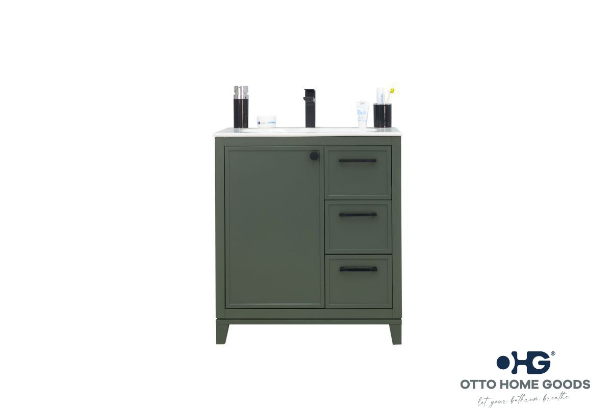 Frame 30" Pine Green Bathroom Vanity with Integrated Sink & Black Hardware