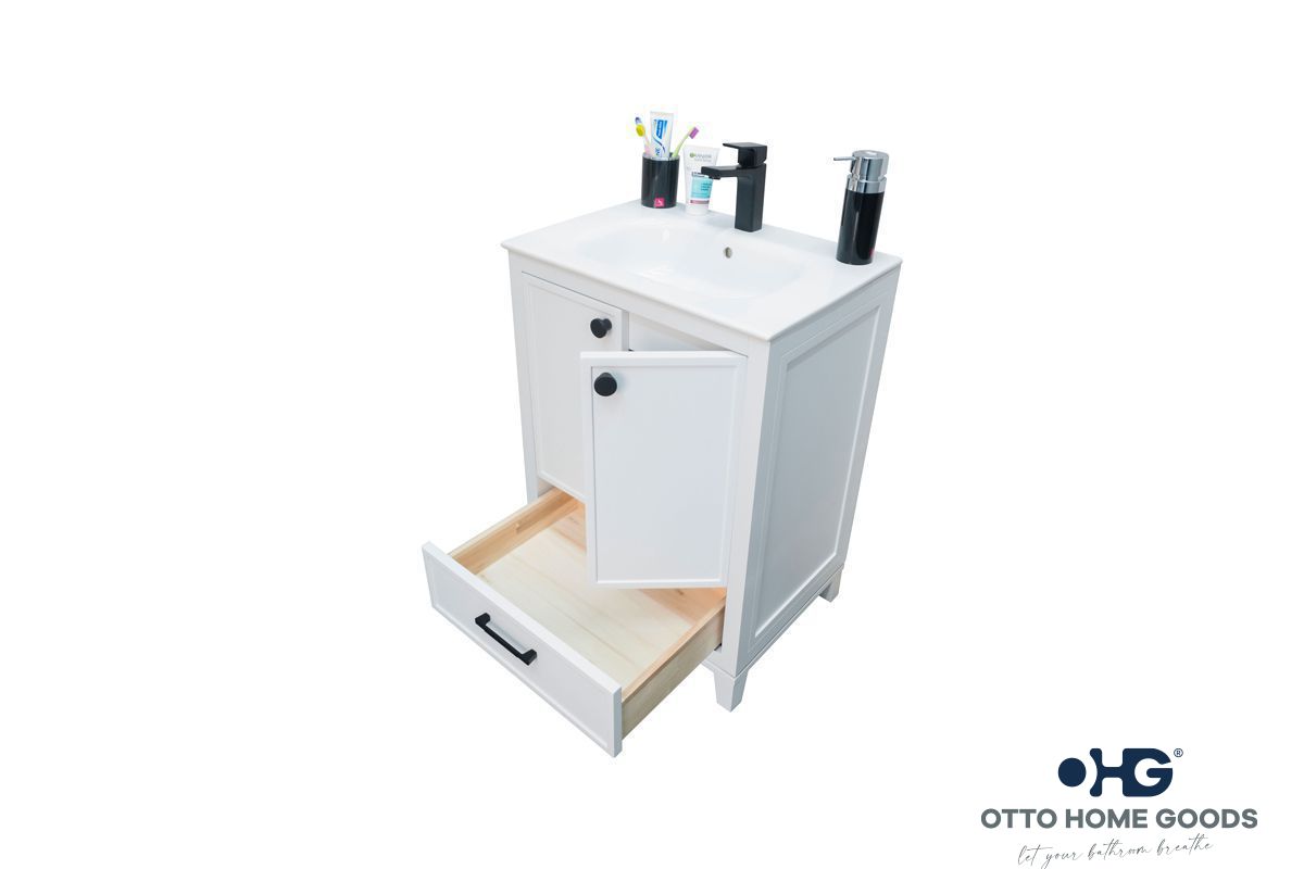Frame 24" White Bathroom Vanity with Integrated Sink & Black Hardware