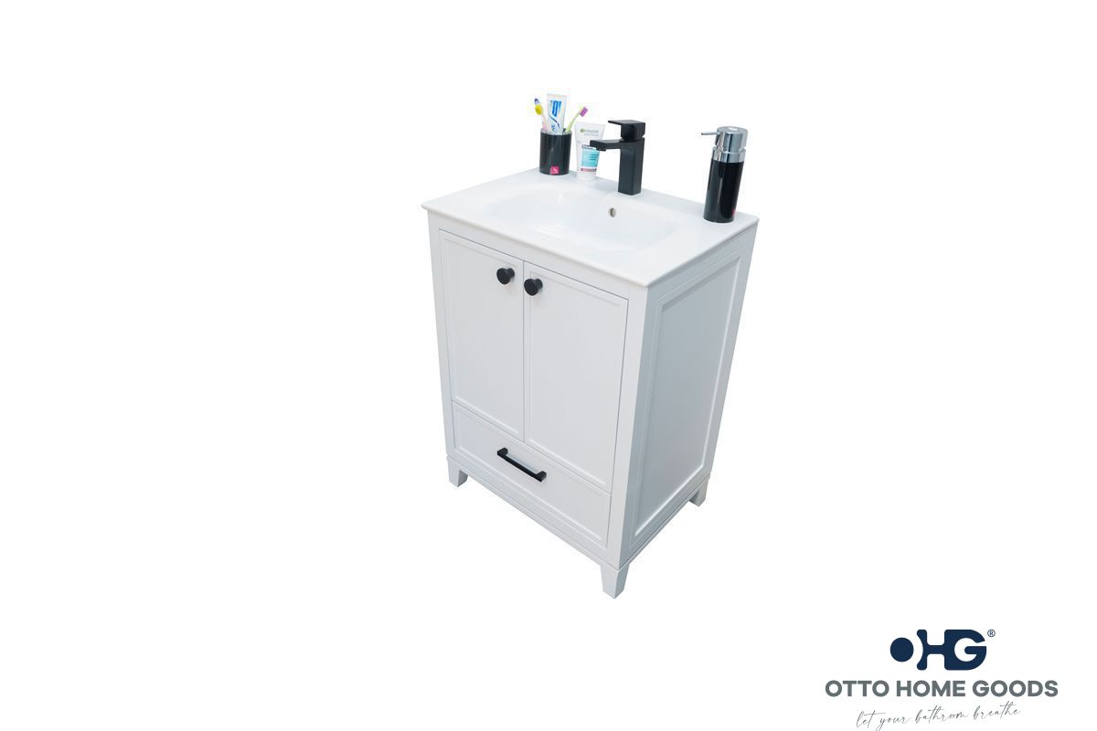 Frame 24" White Bathroom Vanity with Integrated Sink & Black Hardware