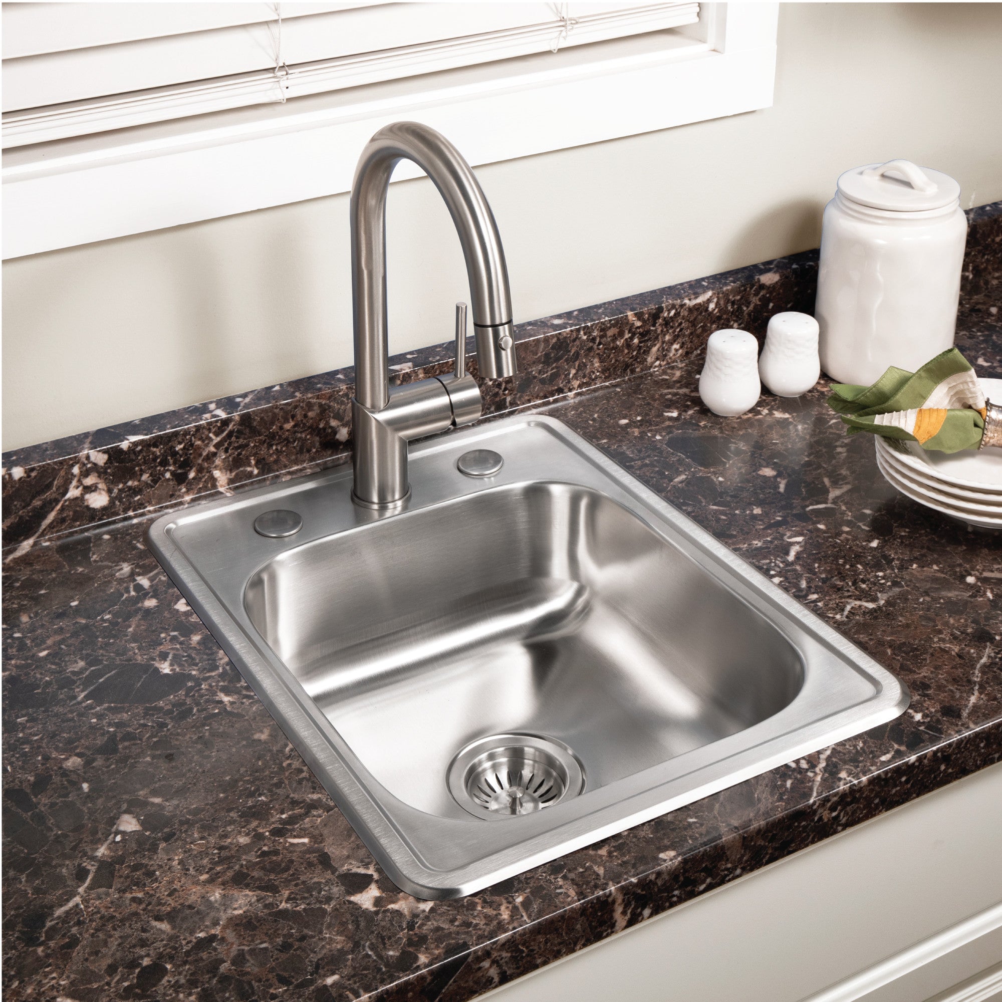 Houzer Hospitality 17 inch Stainless Steel Drop-in Topmount 3-hole Large Bar and Prep Sink with Strainer - 1722-7BS-1