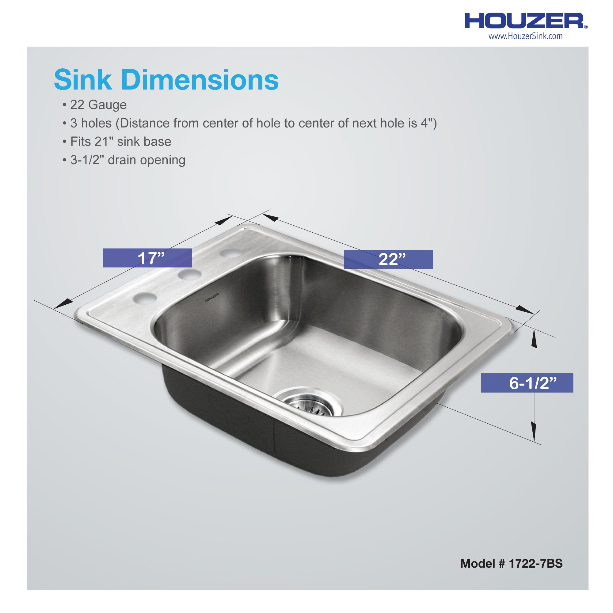 Houzer Hospitality 17 inch Stainless Steel Drop-in Topmount 3-hole Large Bar and Prep Sink with Strainer - 1722-7BS-1