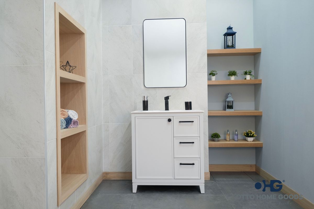 Frame 30" White Bathroom Vanity with Integrated Sink & Black Hardware