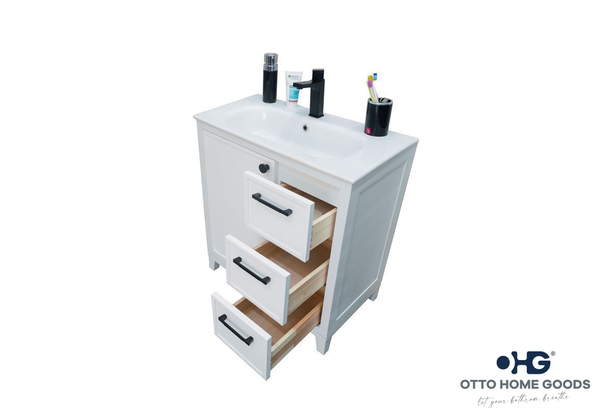 Frame 30" White Bathroom Vanity with Integrated Sink & Black Hardware