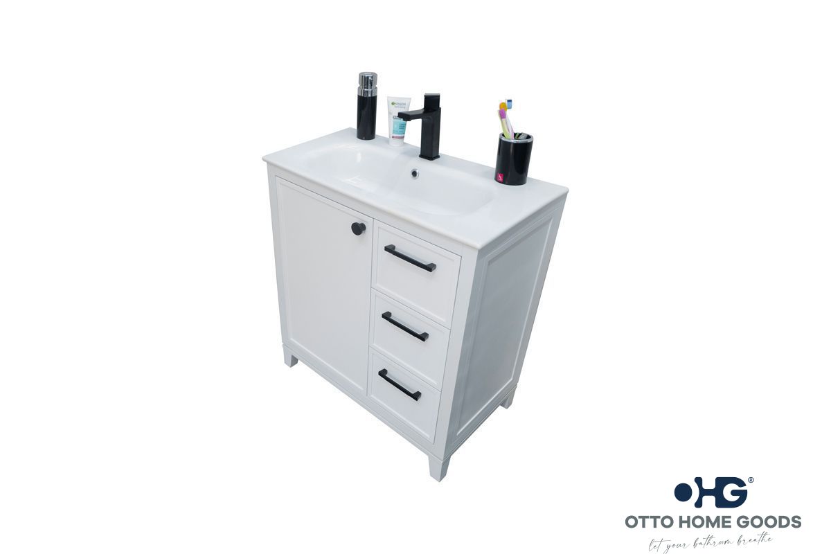 Frame 30" White Bathroom Vanity with Integrated Sink & Black Hardware