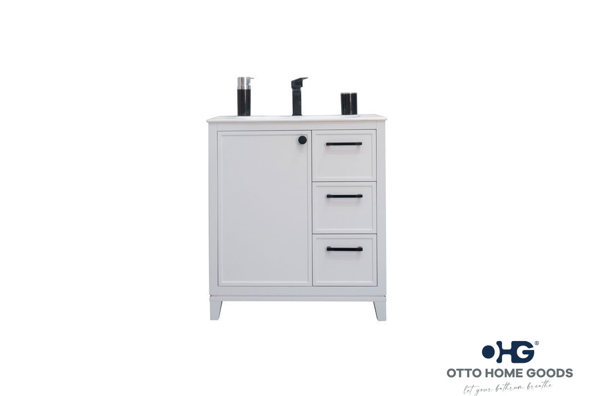 Frame 30" White Bathroom Vanity with Integrated Sink & Black Hardware