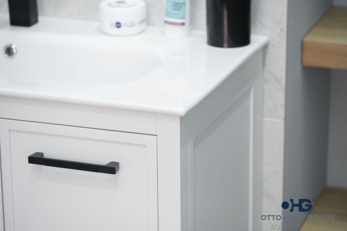 Frame 30" White Bathroom Vanity with Integrated Sink & Black Hardware