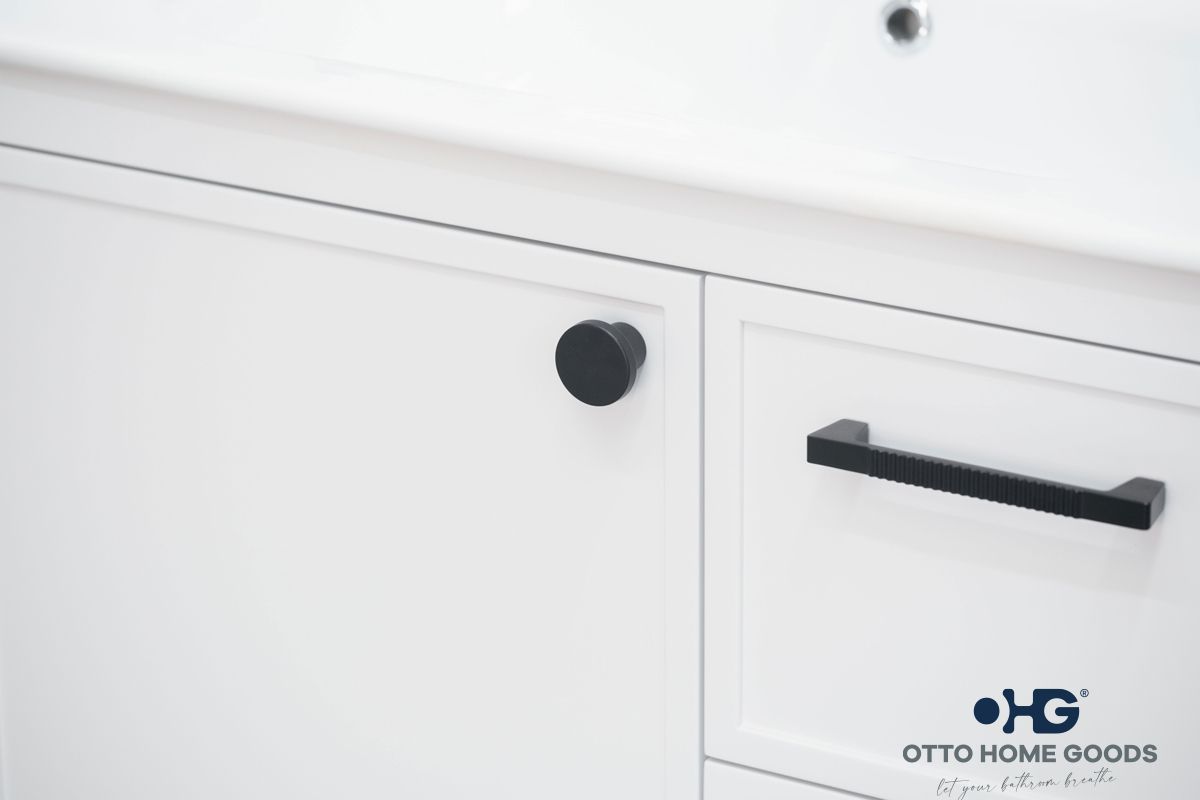 Frame 30" White Bathroom Vanity with Integrated Sink & Black Hardware