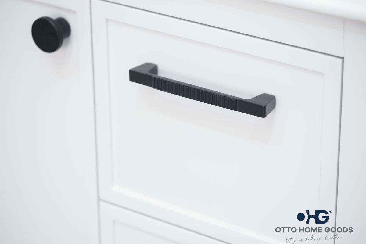 Frame 30" White Bathroom Vanity with Integrated Sink & Black Hardware