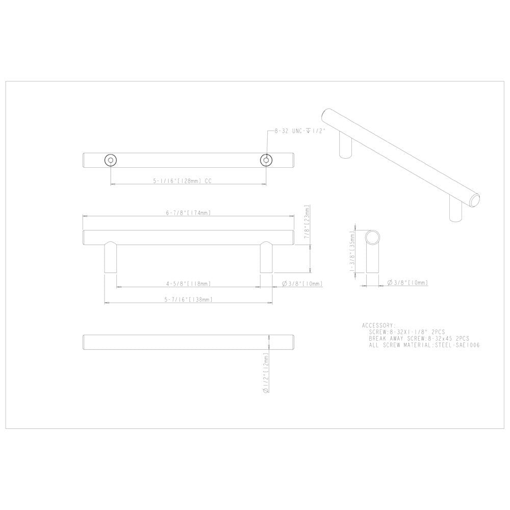 Hardware Resources 96 mm Center-to-Center Hollow Matte Black Stainless Steel Naples Cabinet Bar Pull