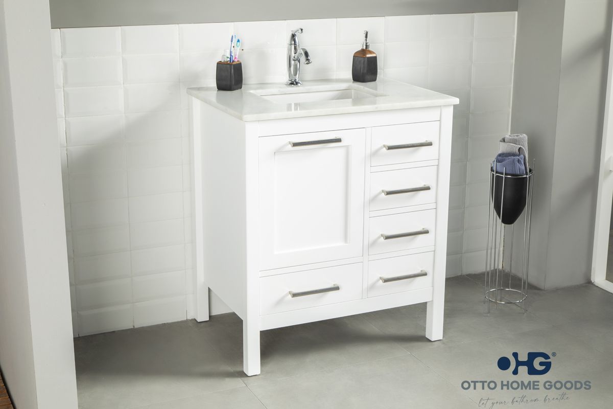 Ashley 30" White Bathroom Vanity with Quartz Top & Brushed Nickel Hardware