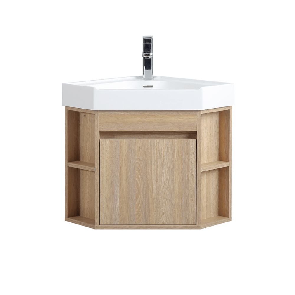 Chans Furniture GD-27622WD-18 18 Inch Light Oak Trinsville Wall Mount Corner Bathroom Vanity with Matte Solid Surface