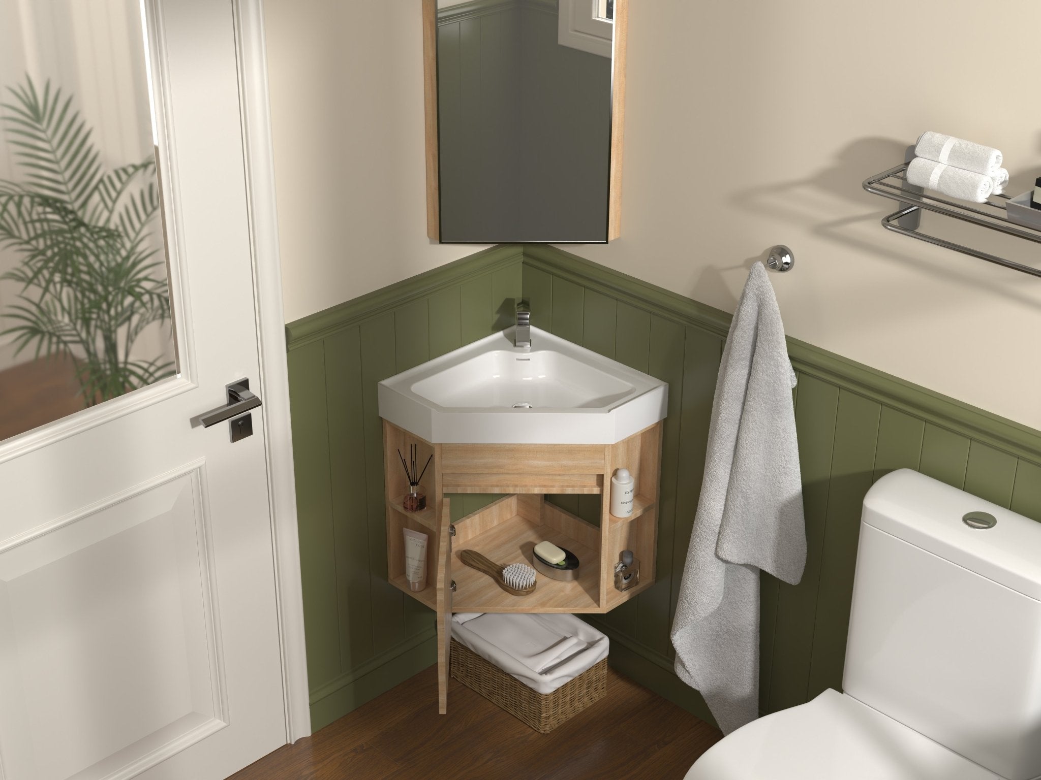 Chans Furniture GD-27622WD-18 18 Inch Light Oak Trinsville Wall Mount Corner Bathroom Vanity with Matte Solid Surface