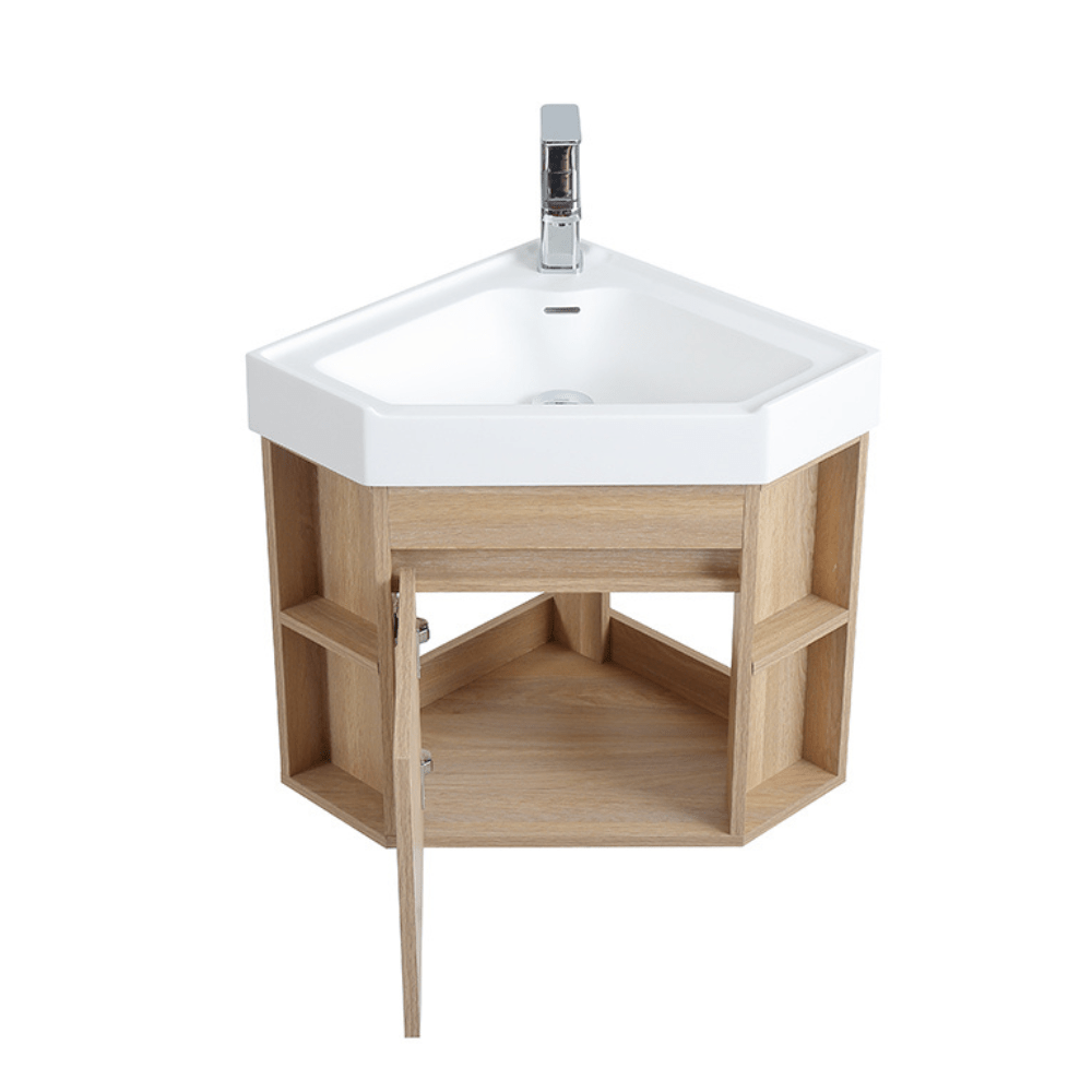 Chans Furniture GD-27622WD-18 18 Inch Light Oak Trinsville Wall Mount Corner Bathroom Vanity with Matte Solid Surface