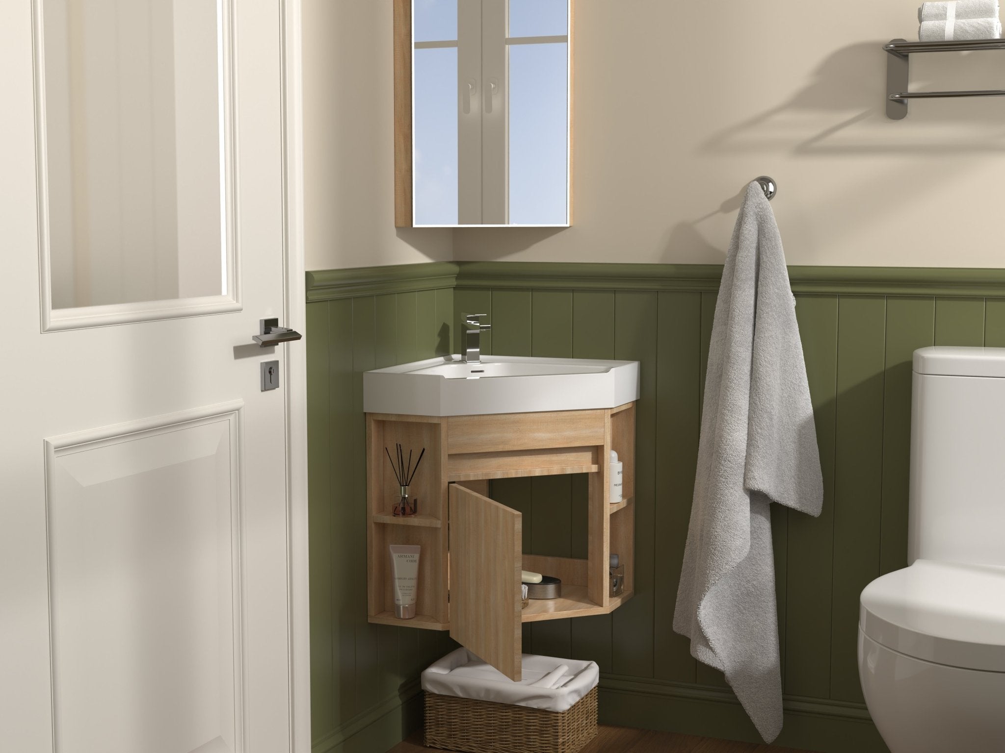 Chans Furniture GD-27622WD-18 18 Inch Light Oak Trinsville Wall Mount Corner Bathroom Vanity with Matte Solid Surface