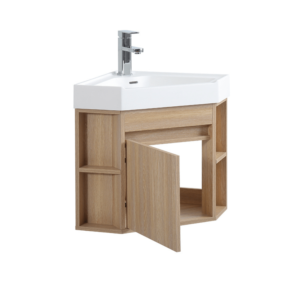 Chans Furniture GD-27622WD-18 18 Inch Light Oak Trinsville Wall Mount Corner Bathroom Vanity with Matte Solid Surface