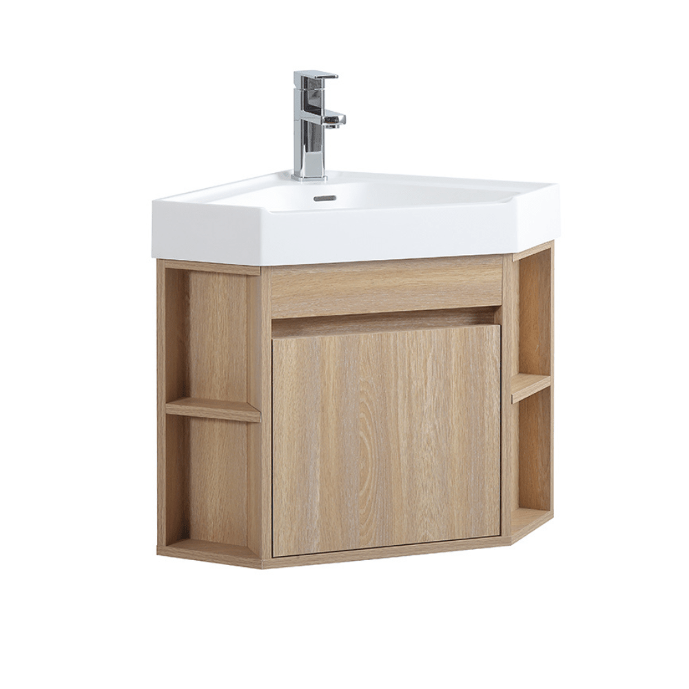 Chans Furniture GD-27622WD-18 18 Inch Light Oak Trinsville Wall Mount Corner Bathroom Vanity with Matte Solid Surface