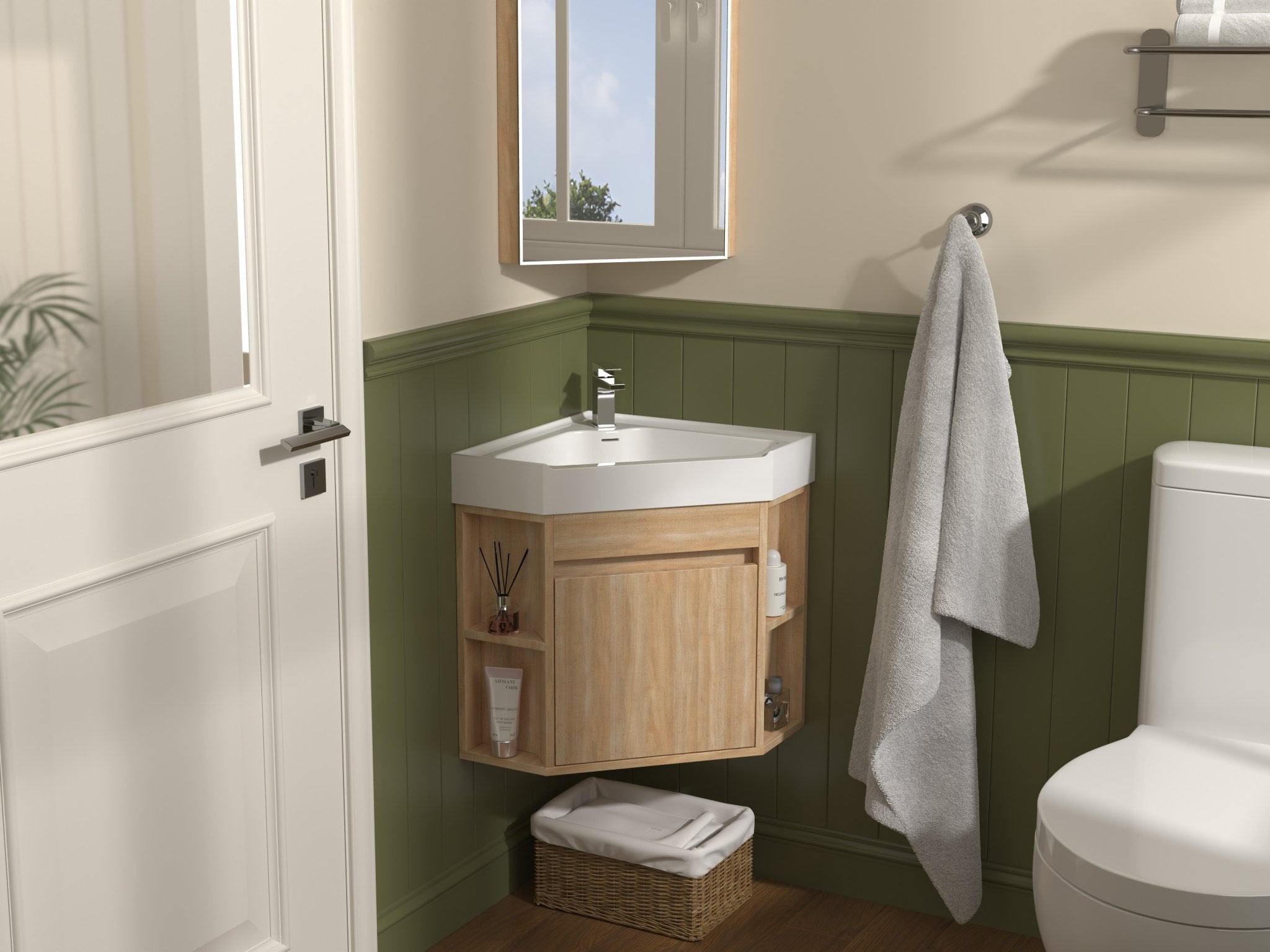 Chans Furniture GD-27622WD-18 18 Inch Light Oak Trinsville Wall Mount Corner Bathroom Vanity with Matte Solid Surface