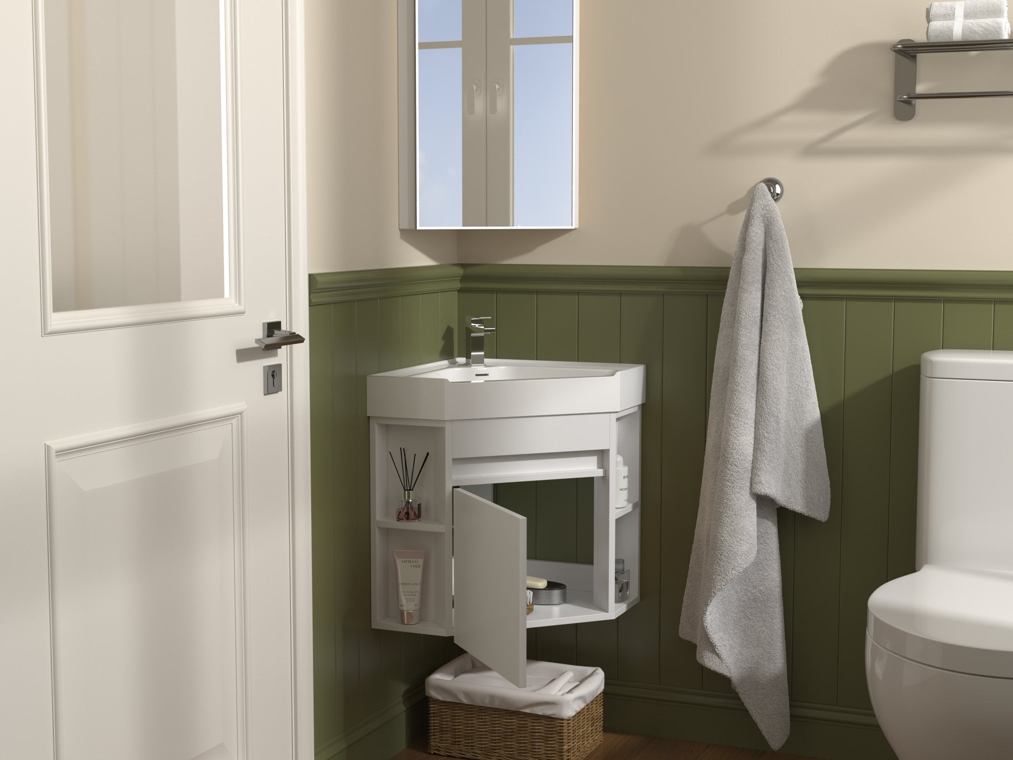 Chans Furniture GD-27511W 18 Inch White Trinsville Wall Mount Corner Bathroom Vanity with Matte Solid Surface