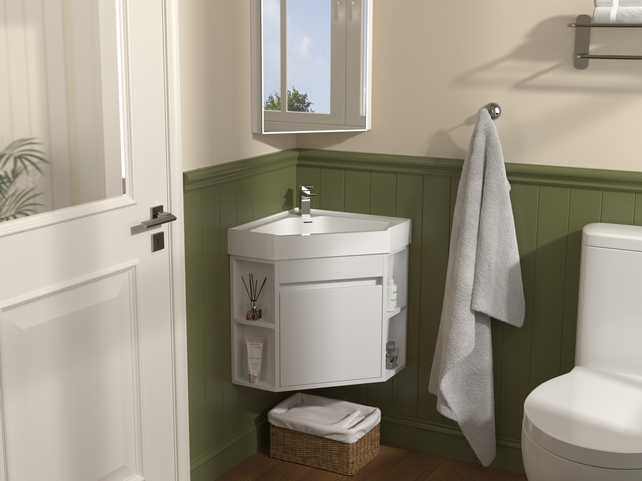 Chans Furniture GD-27511W 18 Inch White Trinsville Wall Mount Corner Bathroom Vanity with Matte Solid Surface