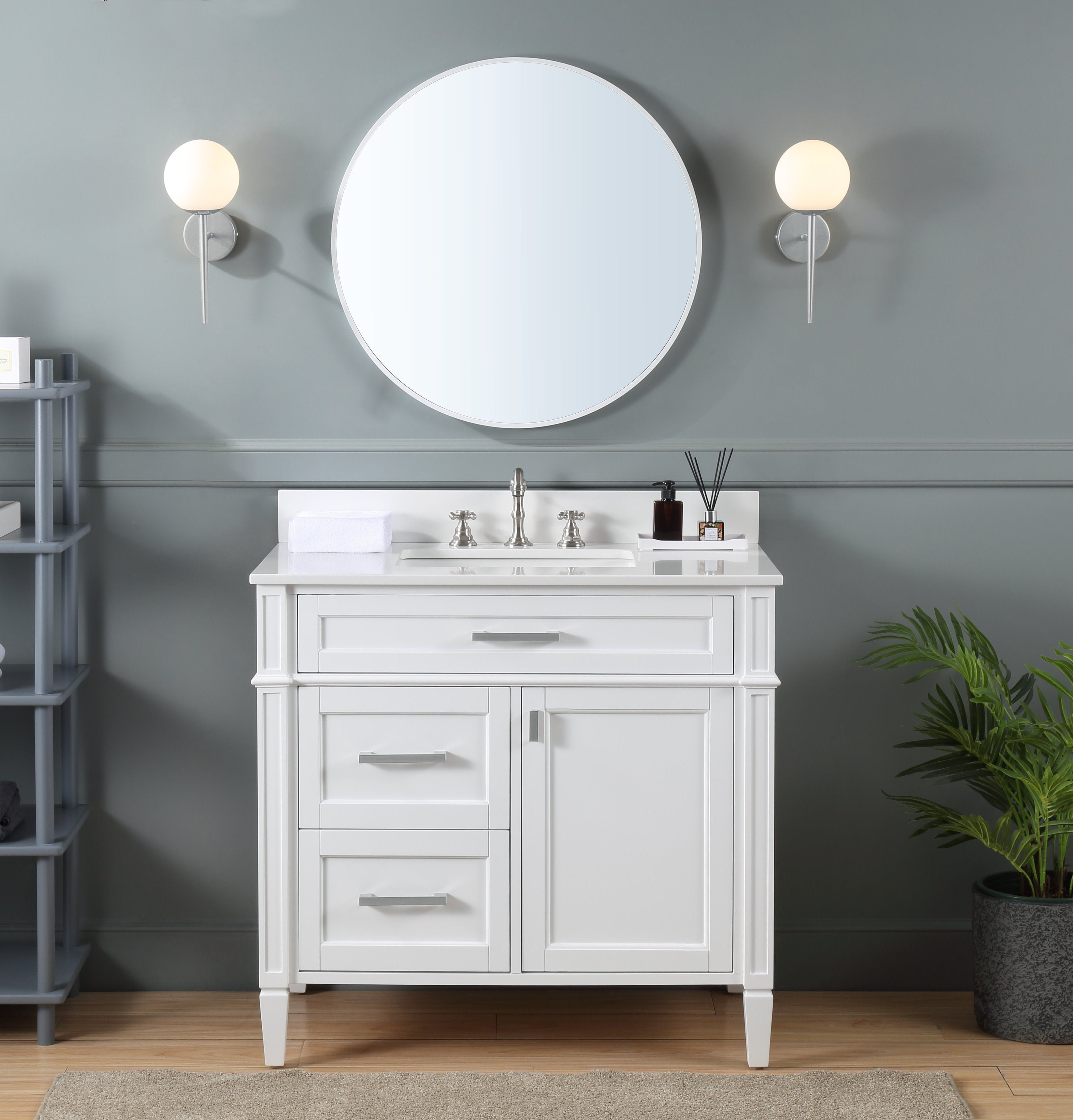 Chans Furniture QT-1808-V36W 36 Inch Durand Modern White Bathroom Sink Vanity with Stone Counter Top