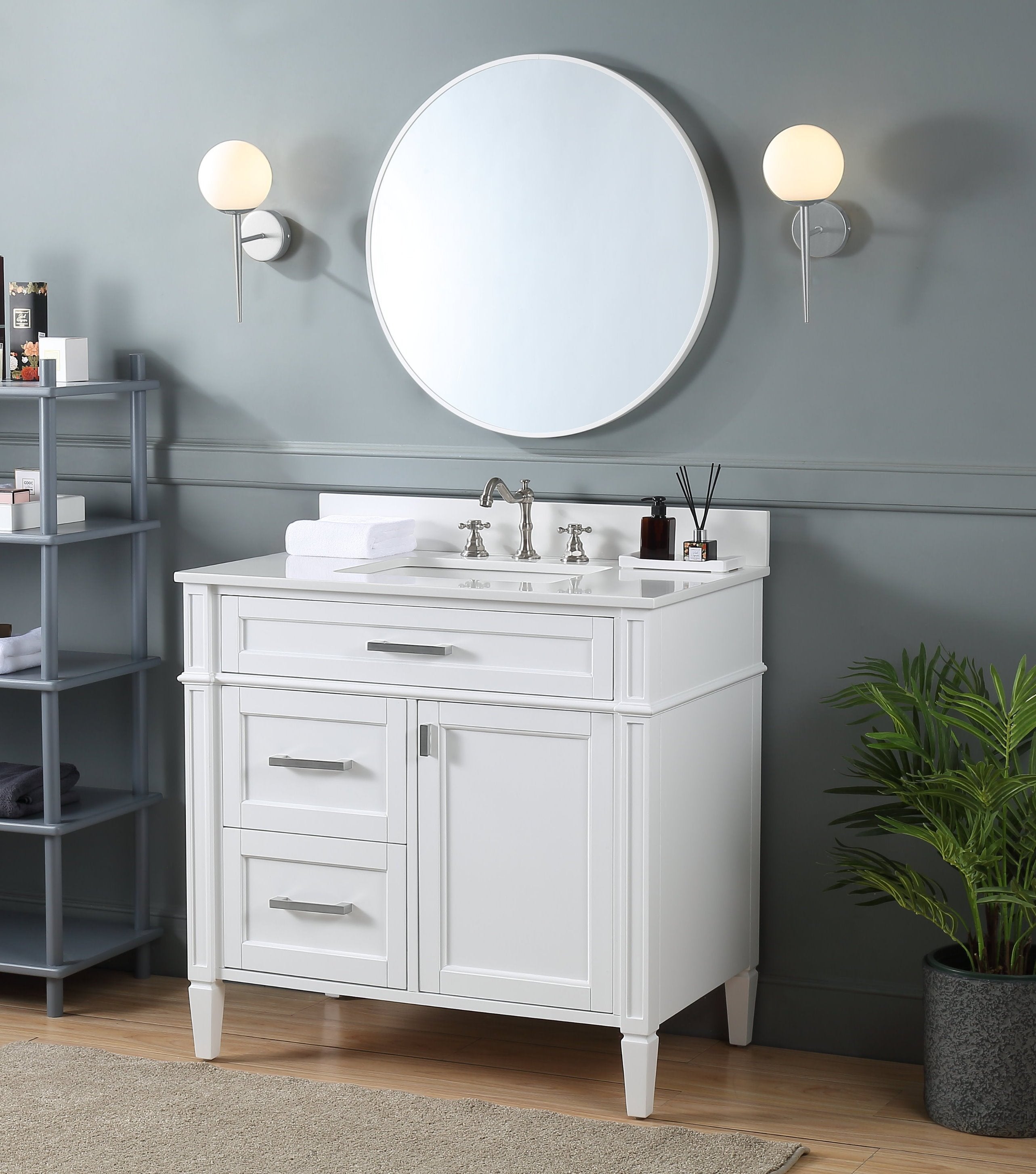 Chans Furniture QT-1808-V36W 36 Inch Durand Modern White Bathroom Sink Vanity with Stone Counter Top