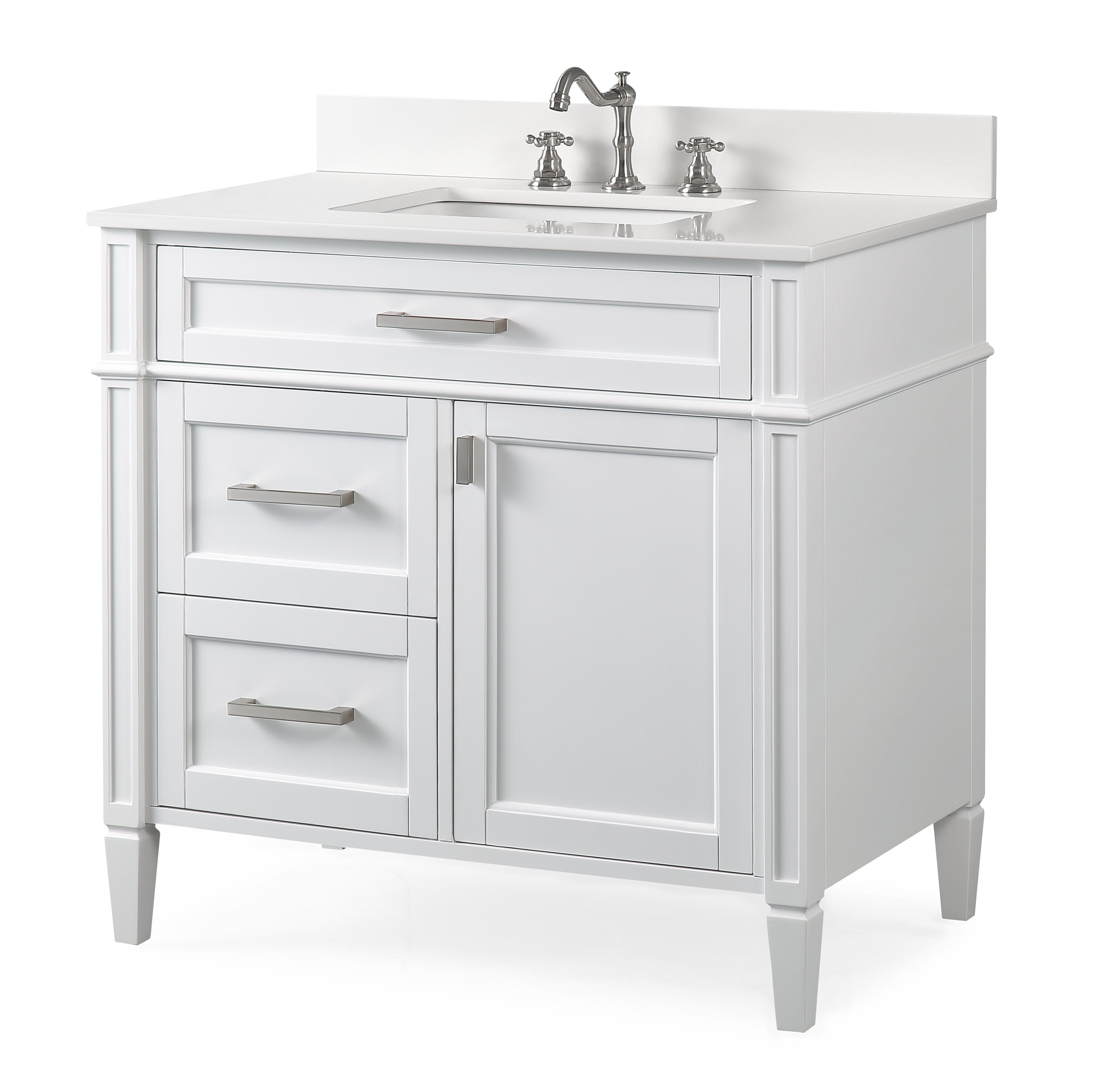 Chans Furniture QT-1808-V36W 36 Inch Durand Modern White Bathroom Sink Vanity with Stone Counter Top