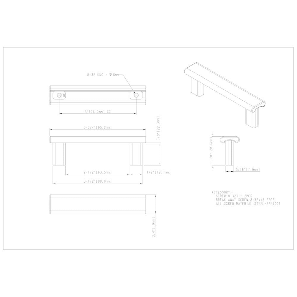 Hardware Resources 3" Center-to-Center Satin Nickel Square Park Cabinet Pull